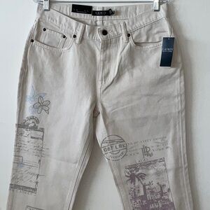 LAUREN RALPH LAUREN DENIM NON STRETCH RELAXED TAPER CREAM GRAPHIC JEANS 8 NWT